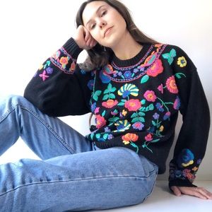 Vintage Colorful Floral Embroidered Black Sweater
